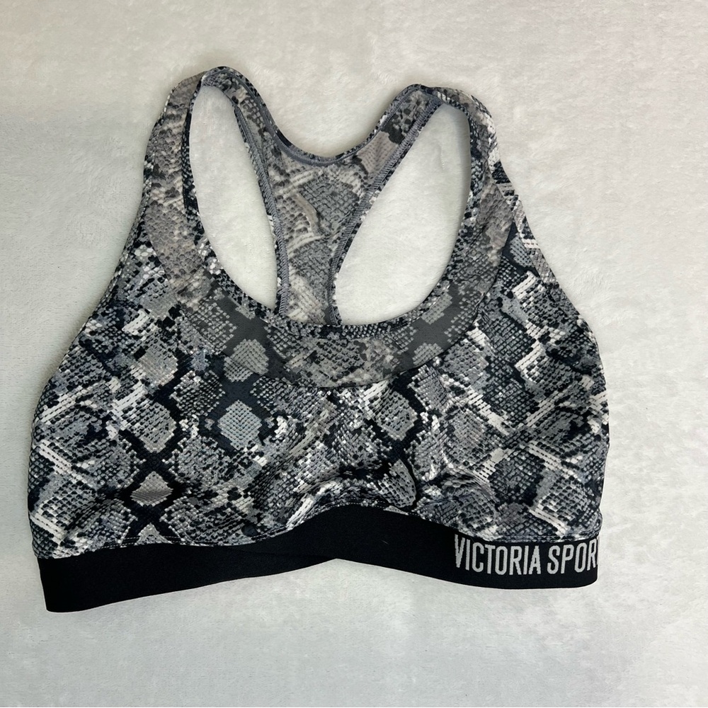 Victoria Secret Womens Sports Bra The Player Snakeskin Gray Black Racerback Sz M